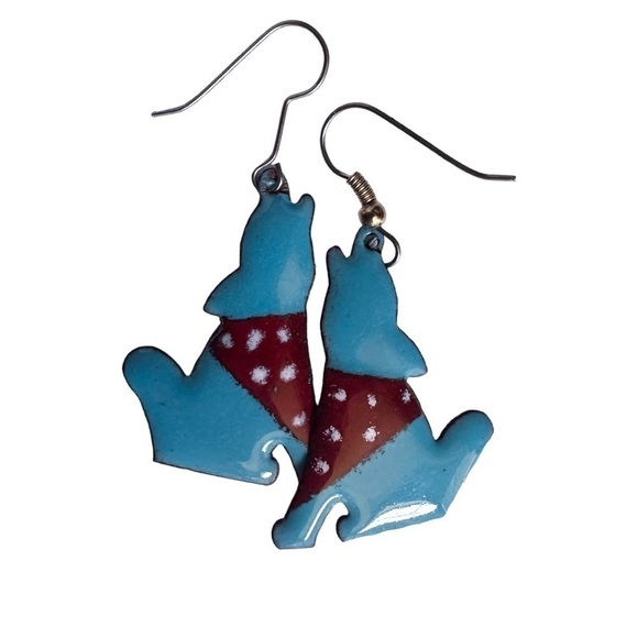 🌺 Western Coyote Enamel Dangle Earrings Turquoise Red Bandana Cowgirl Southwest - Picture 1 of 6